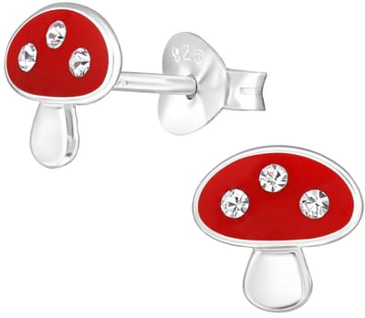 Joy|S - Zilveren paddenstoel oorbellen - 7.5 x 7.2 mm - rood met witte kristal stippen - kinderoorbellen