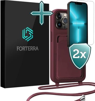 Hoesje Geschikt voor iPhone 13 Pro Pashouder Case Siliconen Hoes Met Koord Met 2x Screenprotector - Hoes Geschikt voor iPhone 13 Pro Met Telefoonkoord Hoesje Back Cover Met Pasjeshouder - Aubergine