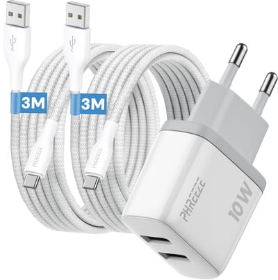 Phreeze usb adapter 2.4 A - Dual usb poorten - 12 W oplaadset met 2 usb naar usb C kabels 3 m - Voor telefoon, tablet en speaker