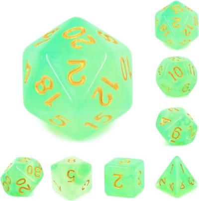 Polyset Dice | Polydice | Groen Wit Glitters Transparant en Goud | Dobbelstenen Set Van 7 Stuks| Voor D&D en Andere Rollenspellen | Plastic Dobbelstenen Set voor Dungeons and Dragons | Polyhedral Dice Set | DnD / D&D / Dungeons and Dragons | Dice Bag