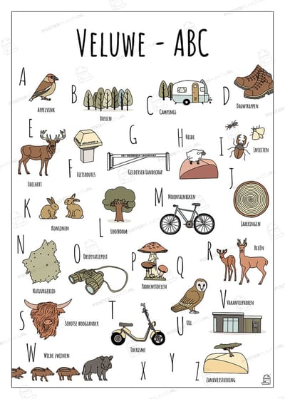 ABC Poster Veluwe - 50 x 70 cm - Educatieve Letterposter met Handgetekende Illustraties - Kinderkamer & Wanddecoratie - Woondecoratie - Relatiegeschenk