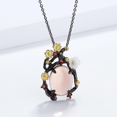 Élégant Rétro Frais Fleur Jade Blanc Pendentif Collier Fleur Créatif Pendentif Collier Dames 925 Bijoux Chaîne Pull Gold-color