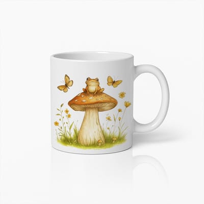 Sprookjesachtige Kikker op Paddenstoel Mok – Schattige Natuur Koffiebeker met Vlinders & Wilde Bloemen – Cottagecore Cadeau Idee