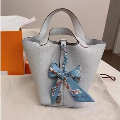Handtas in de vorm van een groentemand, volledig handgemaakt met een leren bovenlaag, veelzijdige emmertas voor dames 18cm gold buckle gray