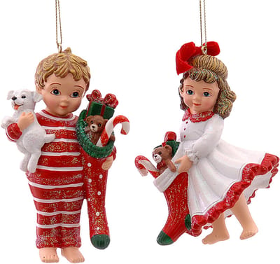 Viv! Christmas Kerstornament - Kinderen in Pyjama met Cadeautjes - set van 2 - rood - 10cm