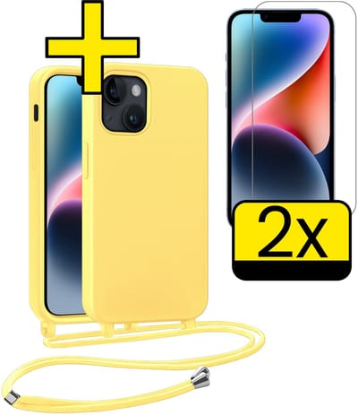 Hoesje Geschikt voor iPhone 13 Mini Hoesje Met Koord Met 2x Screenprotector Siliconen Case - Hoes Geschikt voor iPhone 13 Mini Backcover Met Afneembaar Koord - Geel