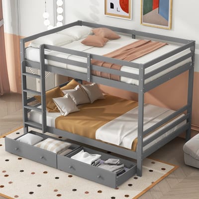 STILVORA Stapelbed 140x200 cm – Onderbed Met Schuiflade & Hoge Leuning – Trap Voor Kinderkamer – Vurenhout – Grijs – Zonder matras