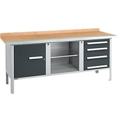 Box-type werkbank Schäfer Shop Select PW 200-1, beuken multiplex blad, met stalen rand, tot 750 kg, B 2000 x D 700 x H 840 mm, antraciet