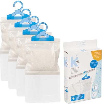 Vocht opnemende korrels 450 gram - 4x - Tegen schimmel/condens/geur - kledingkasten - vochtvanger aan ophang haak - 12 x 20 x 3 cm