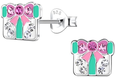 Joy|S - Zilveren cadeau oorbellen - 8 mm - met kristal en roze strik - verjaardag - kado - kinderoorbellen