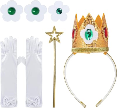 Meisjes Prinsessen Kostuum met 5 Accessoires: Tiara, Oorbellen, Handschoenen, Broche en Toverstaf voor Verjaardagsfeestjes en Themapartijen