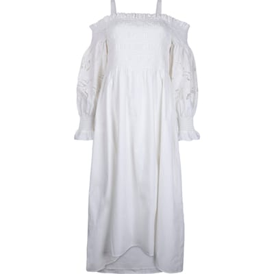 AllSaints Launa Broderie Dress Chalk White Size: 34 | Midi Dresses Outlet | Dames | Wit