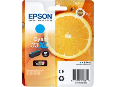Epson Oranges inktpatroon, enkele verpakking, cyaan 33XL, Claria Premium Ink
