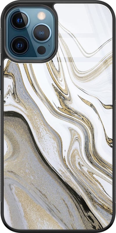 Hoesje geschikt voor iPhone 12 - Marmer wit goud - Luxe Glazen Hardcase - Marmer - Grijs - Leuke Telefoonhoesjes