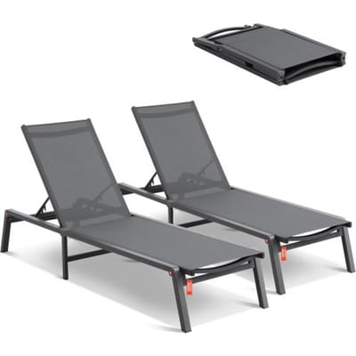 VEVOR Outdoor Chaise Lounge Chairs, Aluminium Patio Lounge Chairs met 5 Verstelbare Standen, Opvouwbare Zwembad Lounge Chairs, Ligstoelen voor Terras, Strand, Zwembad, Ligstoelen met Ligstoelen, Volledig Vlakke Ligstoelen, Donkergrijs, 2-Pack