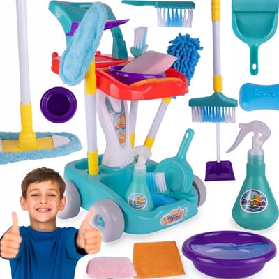 Playos® - Schoonmaaktrolley - Blauw - Inclusief Accessoires - 54 x 29 x 32 cm - Rollenspel Speelgoed - Opruimen - Schoonmaken - Huishouden