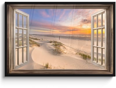 Poster in lijst - Fotolijst 120x80 cm - Posters - Doorkijk - Strand - Duinen - Natuur - Landschap - Posterlijst zwart - Decoratie - Wanddecoratie woonkamer - Muurdecoratie slaapkamer