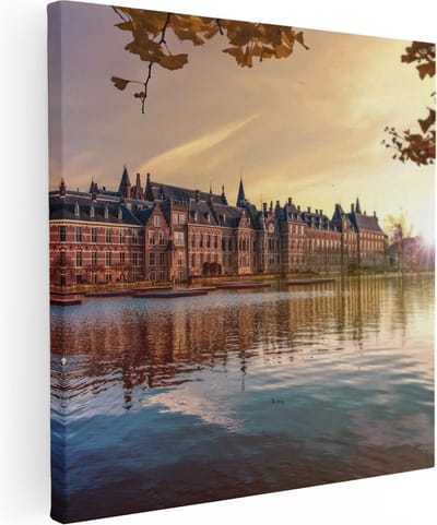 Artaza Canvas Schilderij Zwaan - 30x30 cm - Klein - Wanddecoratie Zonsondergang - Muurdecoratie Stad - Kamer Accessoires Skyline