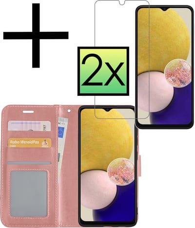 Hoesje - Met 2x Screenprotector - Geschikt voor Samsung Galaxy A13 4G - Luxe Pasjeshouder - Bookcase Portemonee - Flip Case - Kunstleer Book Case - Flipcase Hoes - Book Cover - Walletcase - Portemonneehoes - Rosé goud