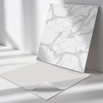 Wallfluent Vinyl Tegels - Marmerpatroon met Aderen Wand PVC Tegels - 30 cm x 30 cm - Wit Vinyl Tegels - 9 stuks - Vierkant PVC Tegels - Texturen Plaktegels - Vinyl Tegels Zelfklevend - Plaktegels Keuken en Badkamer