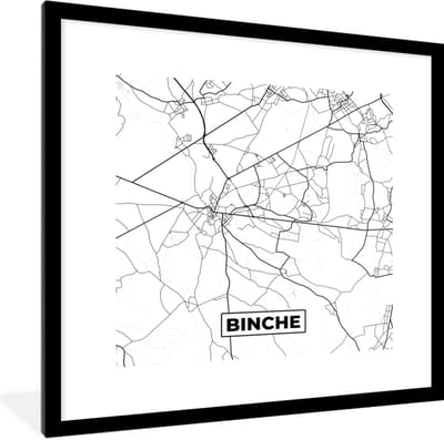 Fotolijst incl. Poster Zwart Wit- Zwart Wit – België – Plattegrond – Stadskaart – Kaart – Binche - 40x40 cm - Posterlijst