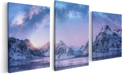 Artaza Canvas Schilderij Drieluik Melkweg Bij De Besneeuwde bergen - 120x60 cm - Wanddecoratie Woonkamer - Schilderijen - Muurdecoratie