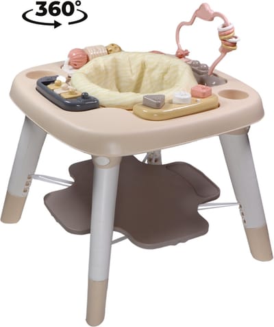 Tryco - Zebra Beige 3-in-1 Activiteitentafel - Met Trampolinefunctie, Geluidjes, Blokken & Draaiende Balletjes - Zitje Draait 360° - Geschikt voor Kindjes vanaf 6 Maanden