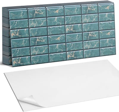 Coloray Plaktegels - Marmeren tegelpatroon Zelfklevende Wandtegels - 40 cm x 20 cm - Turkoois Plaktegels - 10 stuks - Rechthoek PVC Tegels - Plaktegels Badkamer - Vloertegels Zelfklevend - Vinyl Tegels Zelfklevend - Portugese Tegels
