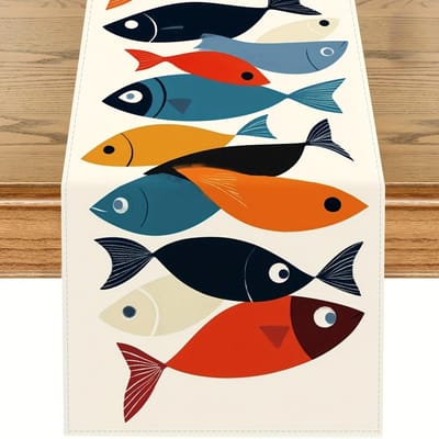 Chemin de table en lin motif poisson d'été Décoration de fête de vacances Réutilisable pour cuisines de ferme Table à manger Chemin de table Décorations de mariage 150x33cm