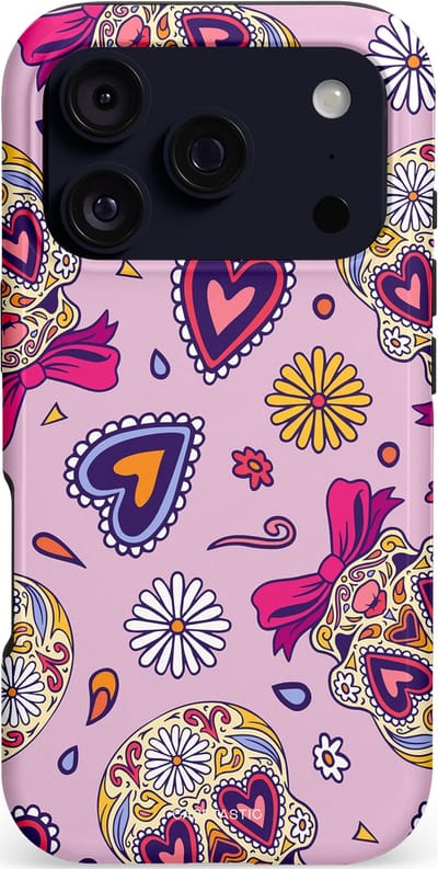 Casetastic hoesje geschikt voor Apple iPhone 17 Pro - MagSafe - Dubbellaagse bescherming - Dia de los Muertos Doodshoofd Strik - Fashion Case - Lila Crème Roze