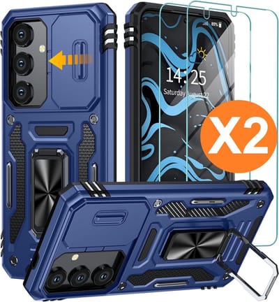 Hoesje Geschikt voor Samsung Galaxy S24 hoesje backcover Blauw met Met Draaibare Ring Houder en camera bescherming - Galaxy S24 Screenprotector - 2 stuks