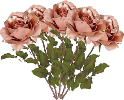 Top Art Kunstbloem roos Glamour - 5x - zalm met goudkleur - satijn - 61 cm - kunststof steel - decoratie bloemen