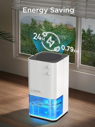 Luchtontvochtiger 1200 ml – Stil & Energiezuinig (0,79 kWh/dag) – Automatische Uitschakeling, Slaapmodus & Nachtlamp – Draagbare Mini Ontvochtiger voor Slaapkamer, Badkamer & Kast (tot 20 m²)