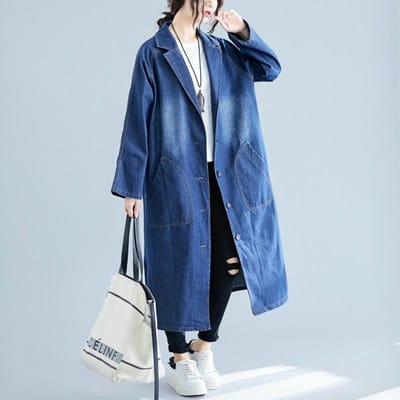 Losse Leeftijdsverminderende Westerse Stijl Slanke en Modieuze Denim Effen Trenchcoat Herfst Nieuwe Stijl One Size blue