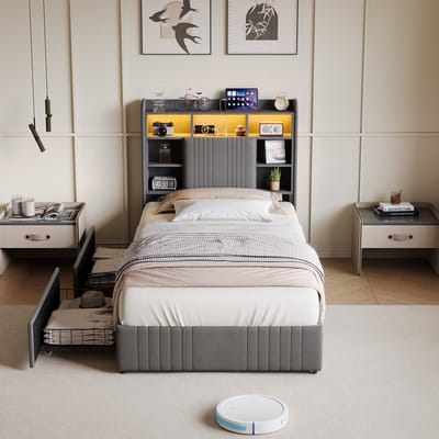 Eenpersoons Bed 90x200 met LED, Boekenkast en Opbergladen, Gestoffeerd Hoofdbord, USB