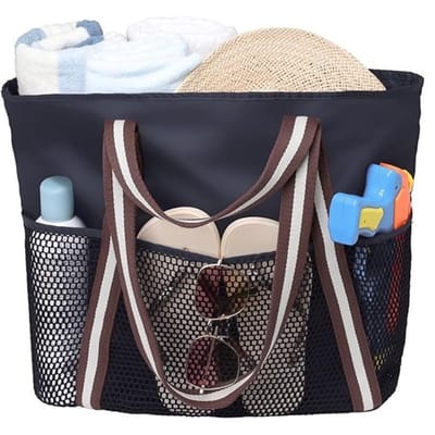 QTTVBTNA - Strandtas - Waterdichte & Zandbestendige - met netvakjes - Droge en natte scheiding - Handtas of schoudertas - Geschikt voor reizen, spa en strand - Zwart - 1 stuk