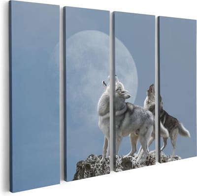 Artaza Canvas Schilderij Vierluik Twee Wolven Die Huilen Tijdens Volle Maan - 80x60 - Foto Op Canvas - Canvas Print
