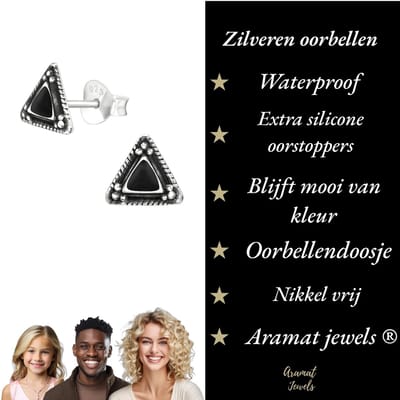 Aramat Jewels | Oorbellen | Zilveren Bali Oorbellen - Driehoekige Vorm | 7mm-Zwart | |7mm | Zilver | Kinderen, Volwassenen | Verkleurd niet