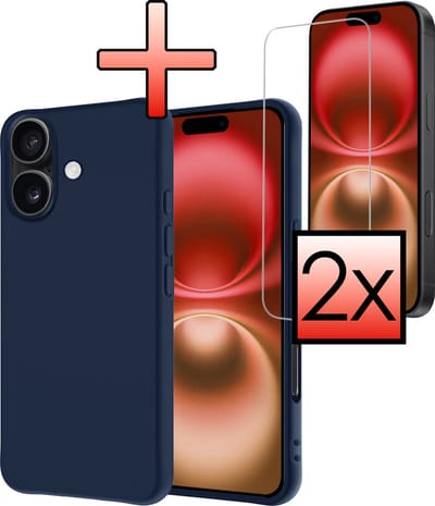 Hoesje - Met 2x Screenprotector - Geschikt voor Apple iPhone 16 - Sterk & Shockproof - Back Cover - Siliconen Case - Telefoon Hoes - Donkerblauw