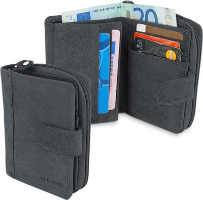 Old West Leren Portemonnee met Drukknoopsluiting en ritssluiting - Hunterleer - 10 Pasjes - RFID – Zwart