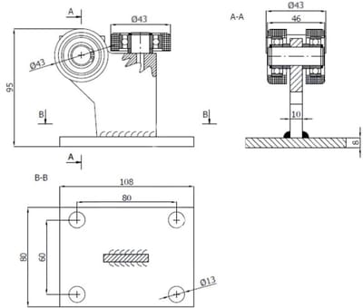 Rol voor schuifpoort zonder hoogte-instelling - 43 mm diameter, 3 wielen, robuuste uitvoering