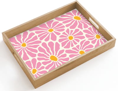 Dienblad hout 40x30 cm - Schootdienblad - Bloemen - Patroon - Roze - Beige - Oranje - Borrelplank rechthoek - Plateau dienbladen