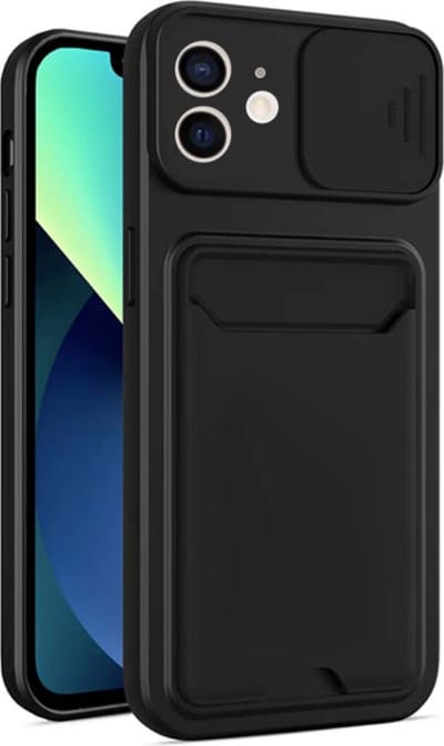 Smartphonica iPhone 12 TPU Cover Case Hoesje met Camera Slide en Pashouder - Zwart geschikt voor iPhone 12