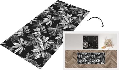 Keukenloper - Loper keuken - Zwart - Wit - Patronen - Bladeren - Natuur - 120x50 cm - Keukenloper vinyl