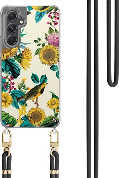 Casimoda® hoesje met koord - Geschikt voor Samsung A34 - Zonnebloemen / Bloemen - Afneembaar koord - TPU/polycarbonaat - Geel