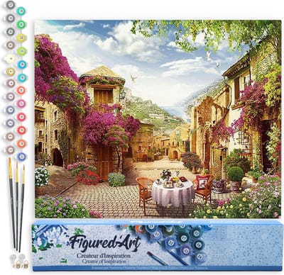 Figured'Art Schilderen op Nummer Volwassenen canvas Ontbijt in een mediterraan dorp- Handwerk acrylverf Kit DIY Compleet - 40x50cm zonder frame