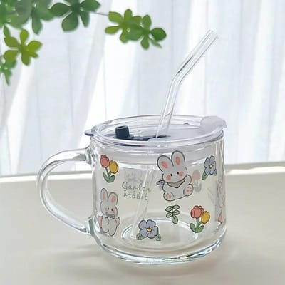 Mug en Verre 350ml Dessin Animé Maison Bureau Ins Tasse à Café avec Paille Tasse avec Couvercle et Cuillère Tasses à Boissons Fleurs Rôties à Haute Température 350ml
