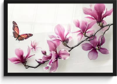 Poster in lijst - Fotolijst 60x40 cm - Posters - Bloesem - Vlinder - Roze - Natuur - Wit - Posterlijst zwart - Wanddecoratie badkamer - Muurdecoratie WC - Decoratieve accessoires - Toilet muur decoratie