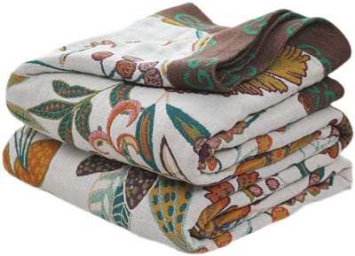 Boho plaid 203 x 228 cm - Katoenen geweven deken met vintage bloemenprint voor woonkamer en slaapkamer