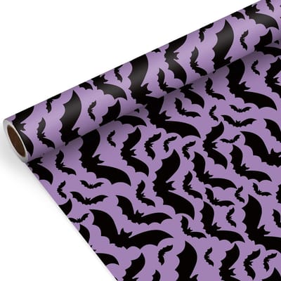 Halloween inpakpapier - Cadeaupapier Rol - Feestelijke Geschenkverpakking - Zwarte Vleermuizen Patroon - 43 cm x 10 m - Paars